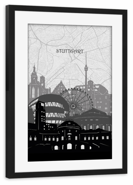 Poster mit Rahmen schwarz "Stuttgart cityscape map" artboxONE - Städte,Reise,Architektur,Städte / Stuttgart,Kartografie