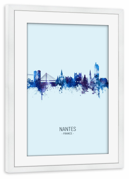 Poster mit Rahmen weiß "Nantes France Skyline Dark Blue" artboxONE - Städte