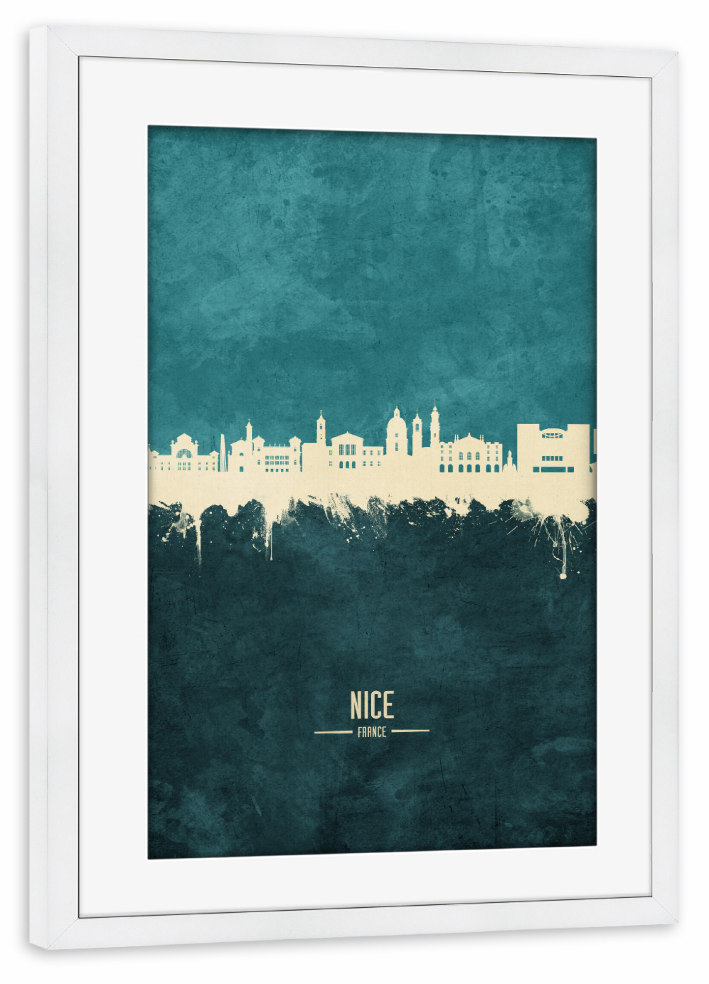 Poster mit Rahmen weiß "Nice France Skyline Turquoise" artboxONE - Städte