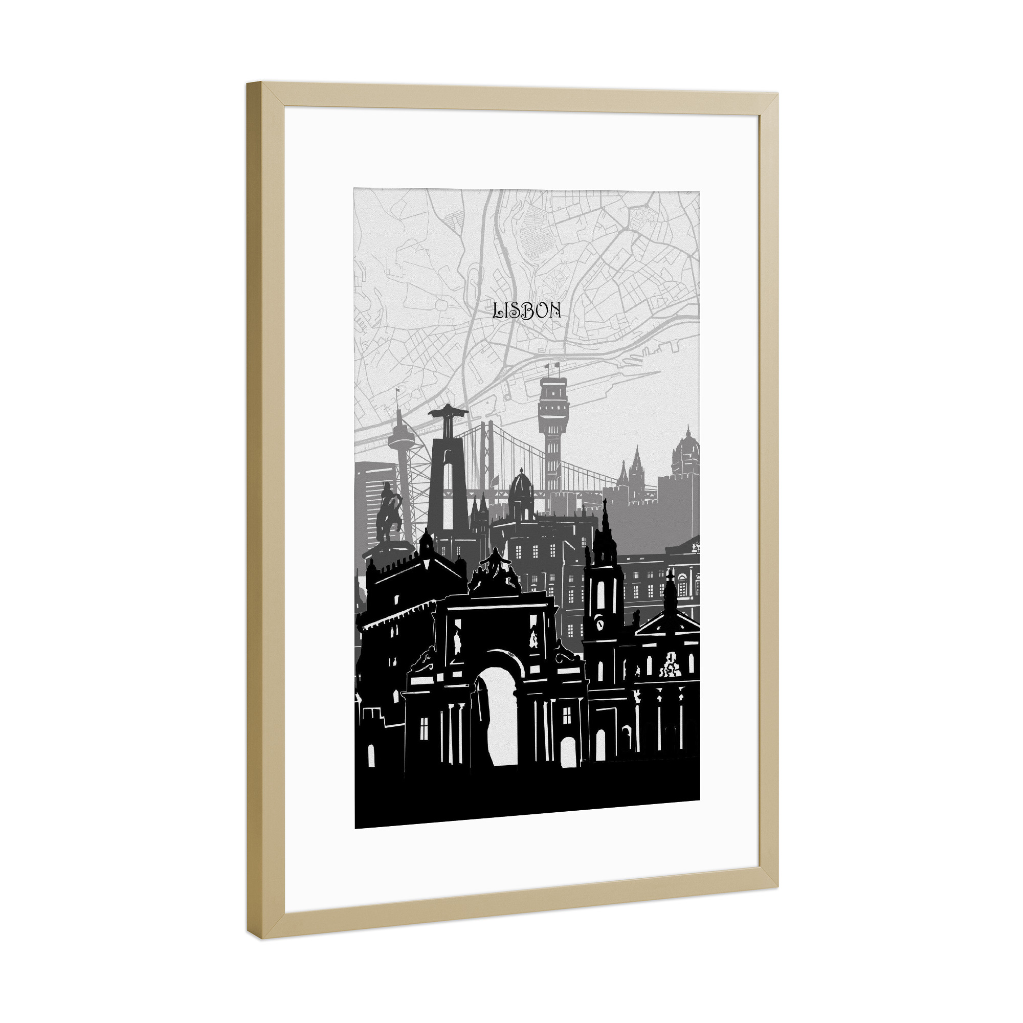 Poster mit Rahmen Gold "Lisbon cityscape map" artboxONE - Städte,Reise,Architektur,Kartografie