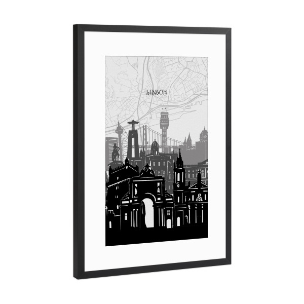 Poster mit Rahmen Schwarz (Metallic) "Lisbon cityscape map" artboxONE - Städte,Reise,Architektur,Kartografie