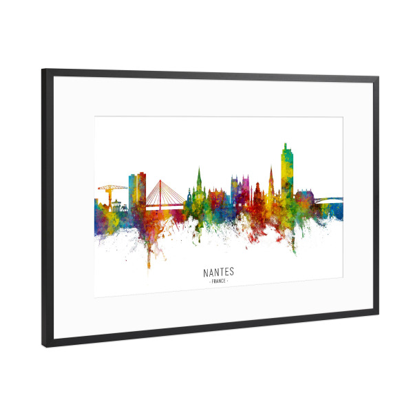 Poster mit Rahmen Schwarz (Metallic) "Nantes France Skyline txt" artboxONE - Städte