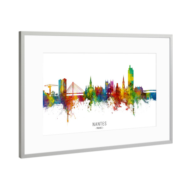 Poster mit Rahmen Silber "Nantes France Skyline txt" artboxONE - Städte