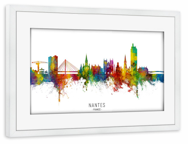 Poster mit Rahmen weiß "Nantes France Skyline txt" artboxONE - Städte - Nantes,France,Skyline,Cityscape,Stadtbild,Watercolor,City,Stadt,Bunt,Colorful