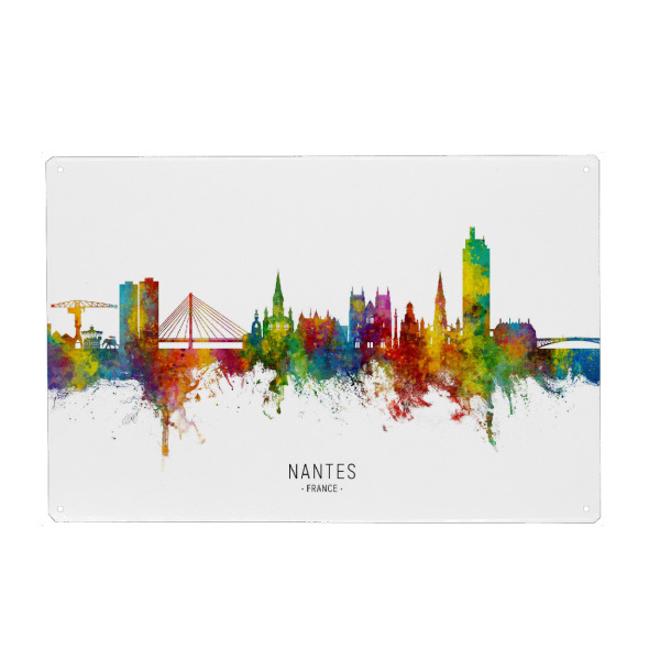 Metall Poster "Nantes France Skyline txt" artboxONE - Städte - Nantes,France,Skyline,Cityscape,Stadtbild,Watercolor,City,Stadt,Bunt,Colorful
