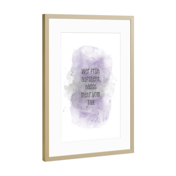 Poster mit Rahmen Gold "Frühaufsteher - lila" artboxONE - Typografie,Lustig
