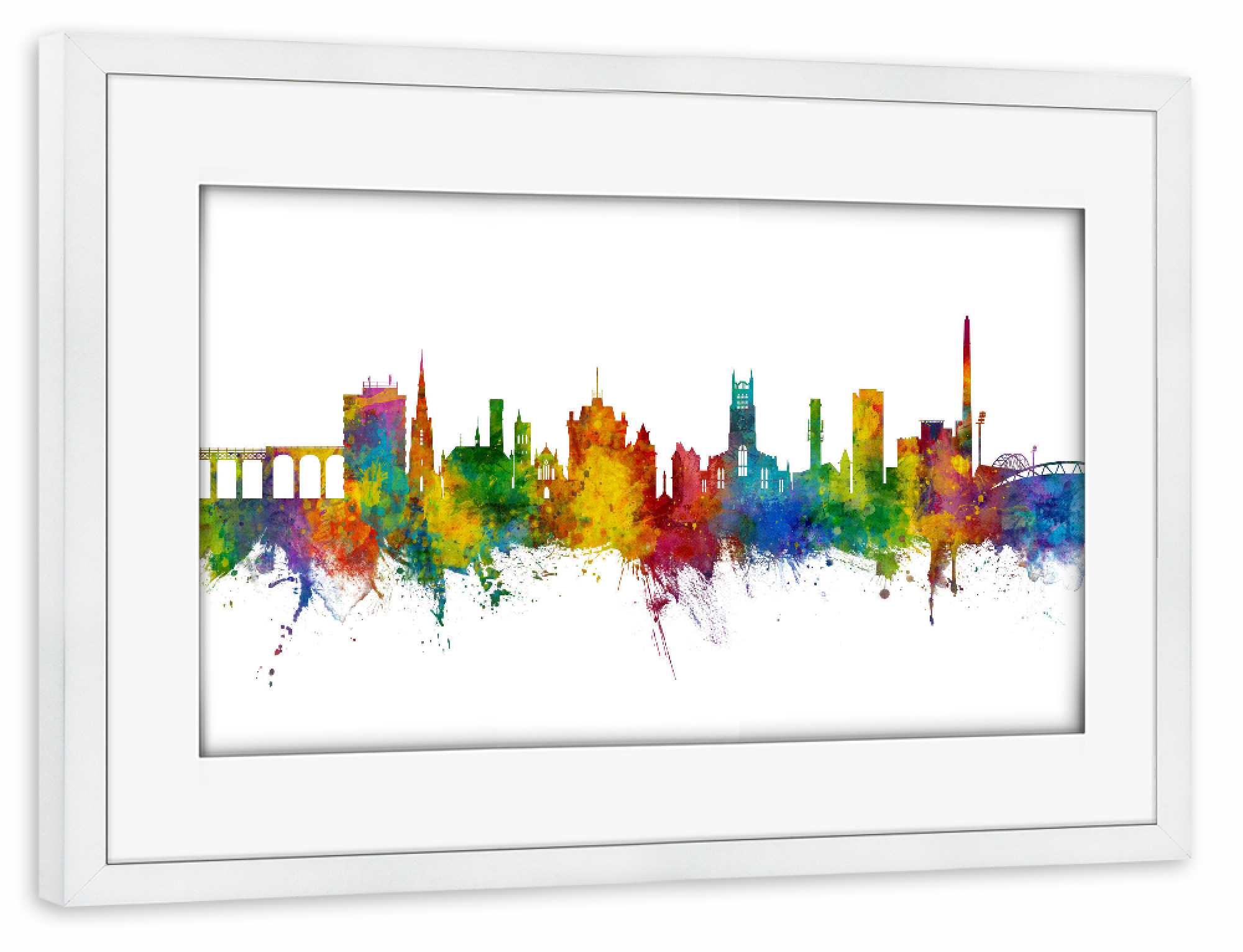 Poster mit Rahmen weiß "Huddersfield England Skyline" artboxONE - Städte