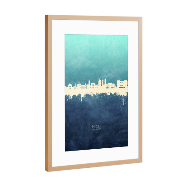 Poster mit Rahmen Kupfer "Nice France Skyline NavyCyan" artboxONE - Städte - Nice,France,Skyline,Cityscape,Stadtbild,Watercolor,City,Stadt,Frankreich