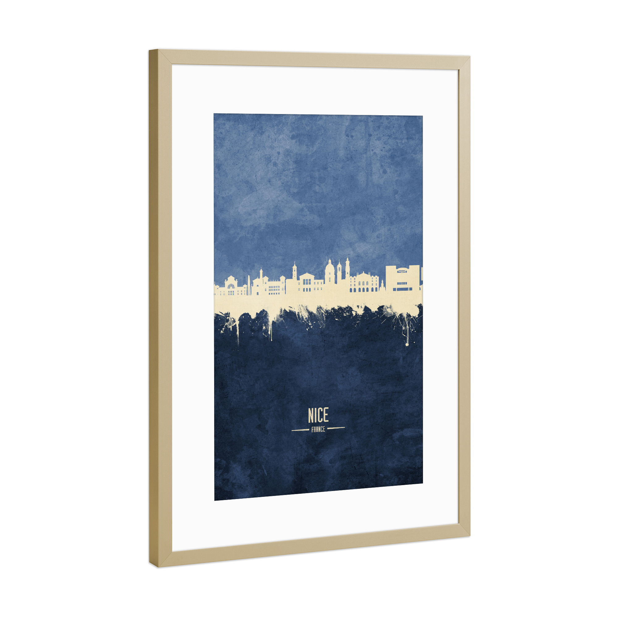 Poster mit Rahmen Gold "Nice France Skyline Navy" artboxONE - Städte - Nice,France,Skyline,Cityscape,Stadtbild,Watercolor,City,Stadt,Frankreich