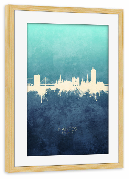 Poster mit Rahmen kiefer "Nantes France Skyline NavyCyan" artboxONE - Städte