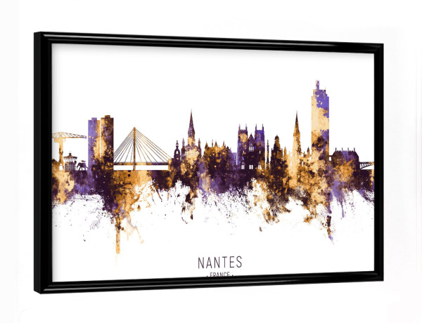Poster mit schwarzem Rahmen "Nantes France Skyline PurpleGold" artboxONE - Städte