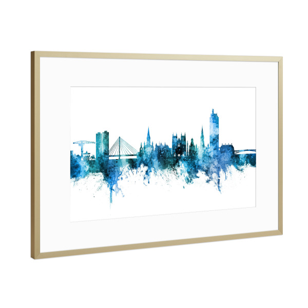 Poster mit Rahmen Gold "Nantes France Skyline Blue" artboxONE - Städte
