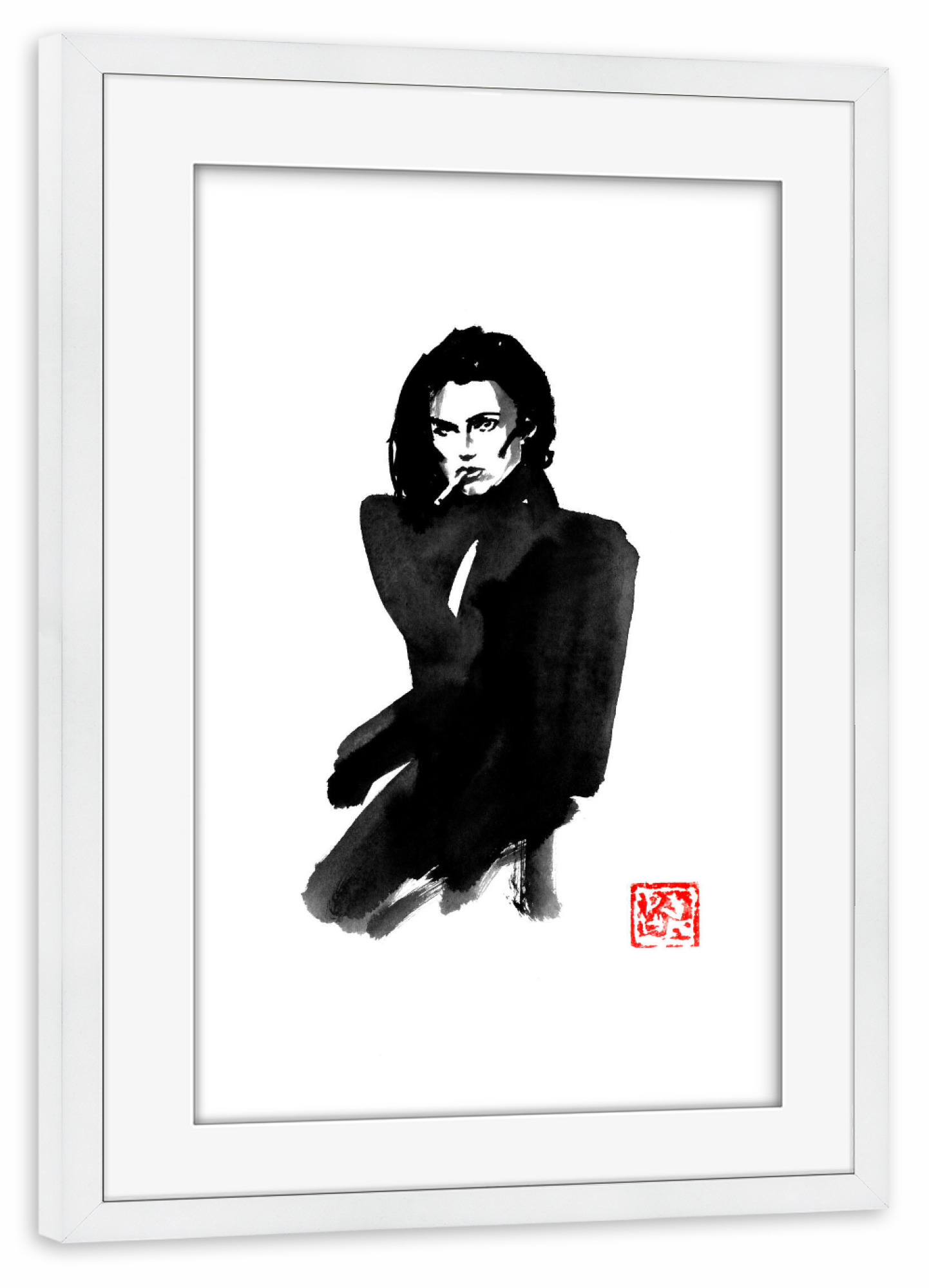 Poster mit Rahmen weiß "Fashion woman with cigarette" artboxONE - Fashion - Fashion,Woman,Cigarette,Sumie,Female,Frau,Zigarette,Japan,Zen
