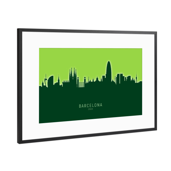 Poster mit Rahmen Schwarz (Metallic) "Barcelona Spain Skyline Glow Green" artboxONE - Städte,Städte / Barcelona