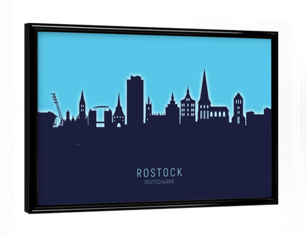 Poster mit schwarzem Rahmen "Rostock Germany Skyline Glow Blue" artboxONE - Städte