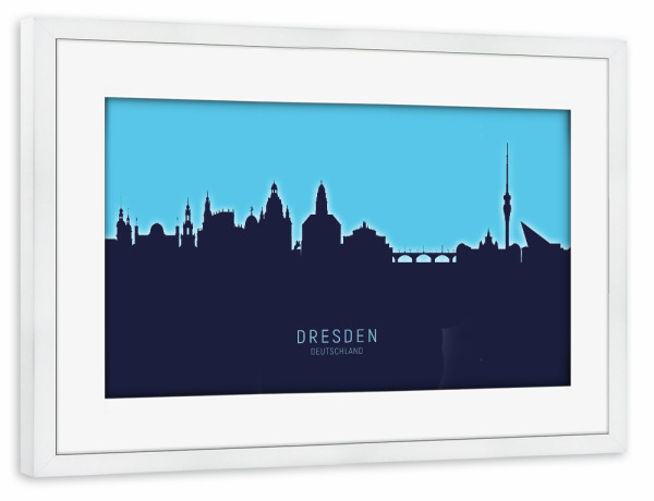 Poster mit Rahmen weiß "Dresden Germany Skyline Glow Blue" artboxONE - Städte,Städte / Dresden