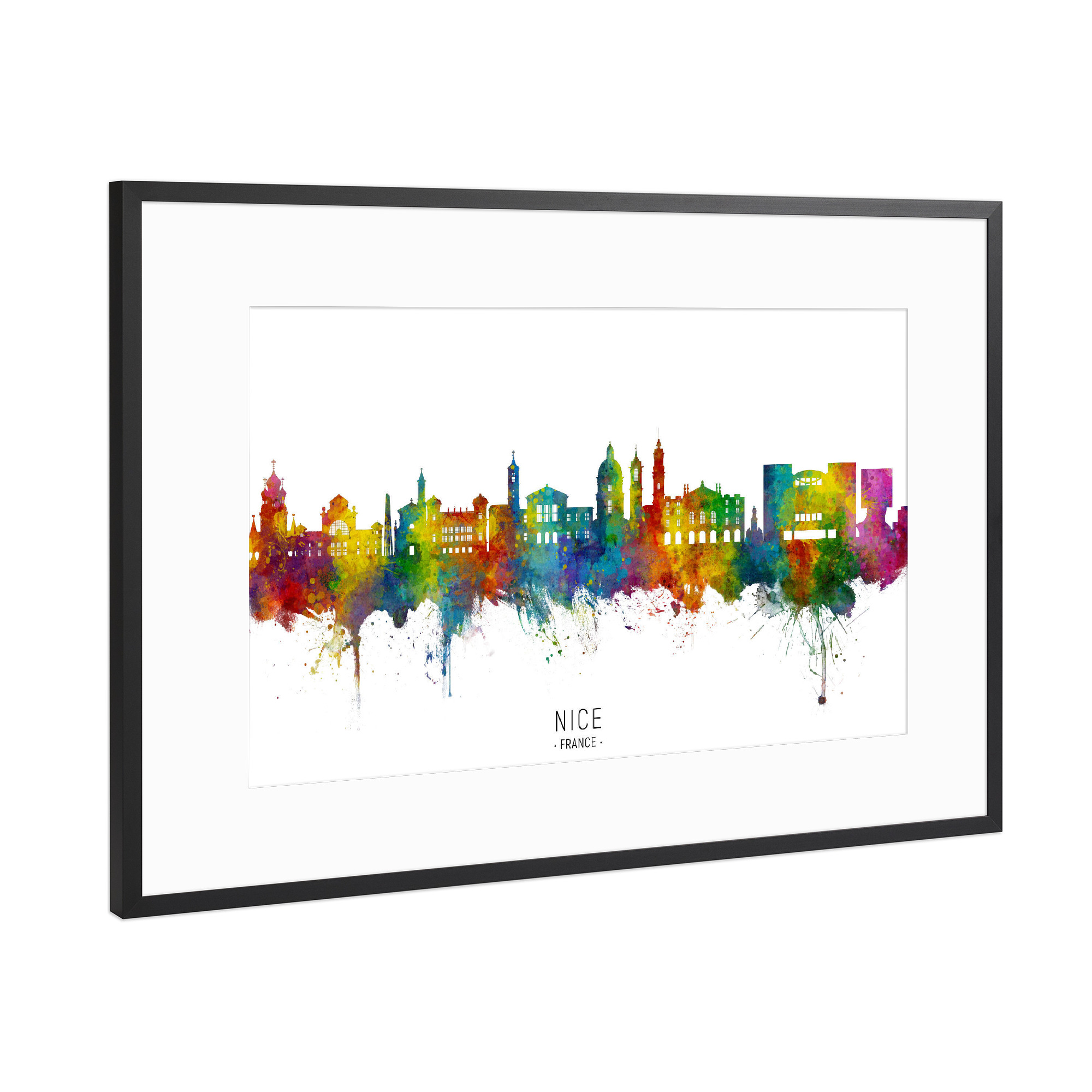 Poster mit Rahmen Schwarz (Metallic) "Nice France Skyline txt" artboxONE - Städte