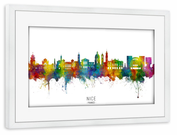 Poster mit Rahmen weiß "Nice France Skyline txt" artboxONE - Städte