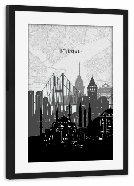 Poster mit Rahmen schwarz "Istanbul cityscape map" artboxONE - Städte,Reise,Architektur,Städte / Istanbul,Kartografie
