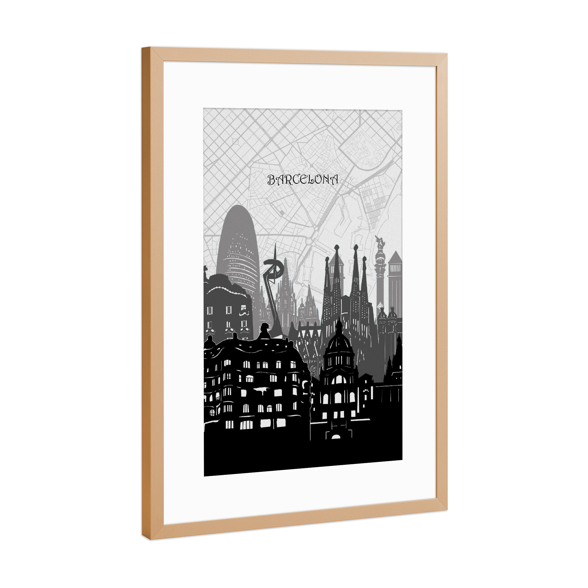 Poster mit Rahmen Kupfer "Barcelona cityscape map" artboxONE - Städte,Reise,Architektur,Städte / Barcelona,Kartografie
