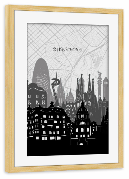 Poster mit Rahmen kiefer "Barcelona cityscape map" artboxONE - Städte,Reise,Architektur,Städte / Barcelona,Kartografie