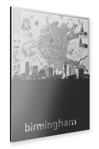 Alu-Dibond "Birmingham skyline map grey" 30x20 cm artboxONE