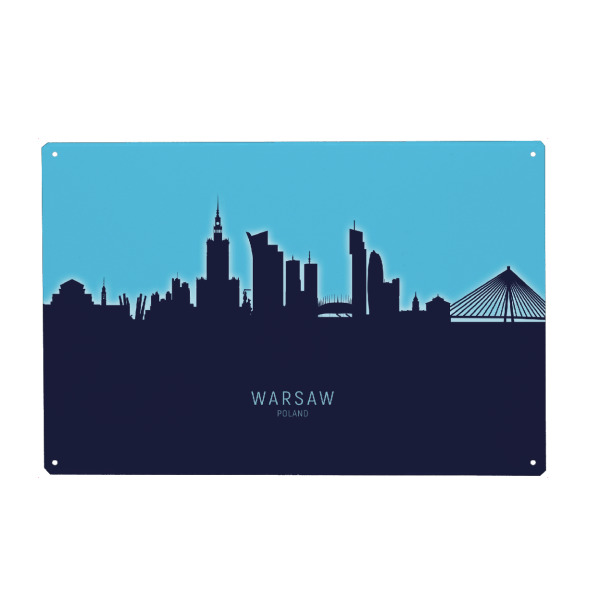 Holzbild "Warsaw Poland Skyline Glow Blue" artboxONE - Städte