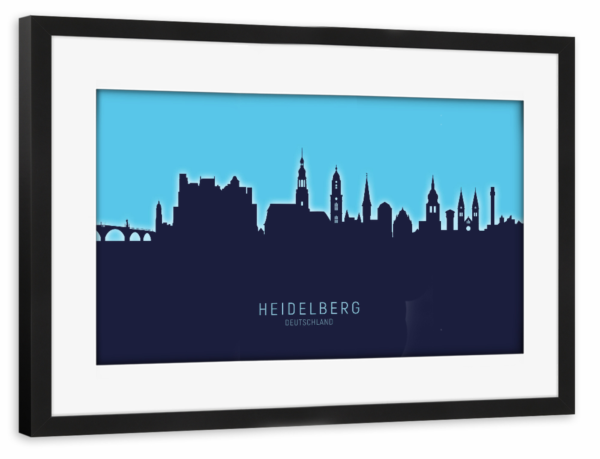 Poster mit Rahmen schwarz "Heidelberg Skyline Glow Blue" artboxONE - Städte