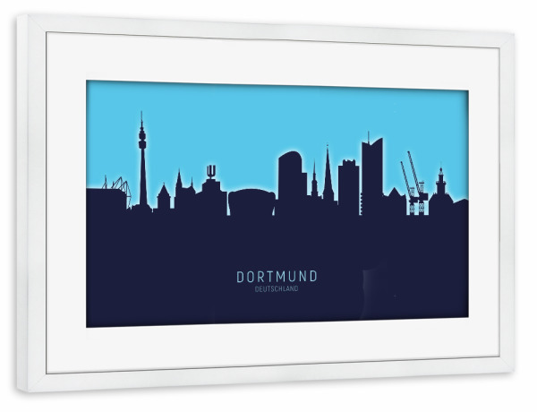 Poster mit Rahmen weiß "Dortmund Germany Skyline Glow Blue" artboxONE - Städte
