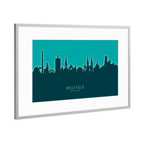 Poster mit Rahmen Silber "Bielefeld Skyline Glow Teal" artboxONE - Städte