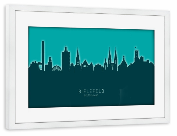 Poster mit Rahmen weiß "Bielefeld Skyline Glow Teal" artboxONE - Städte