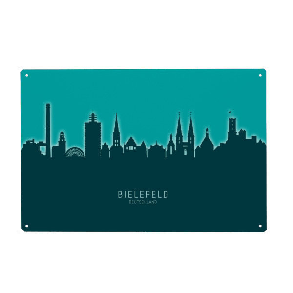 Holzbild "Bielefeld Skyline Glow Teal" artboxONE - Städte