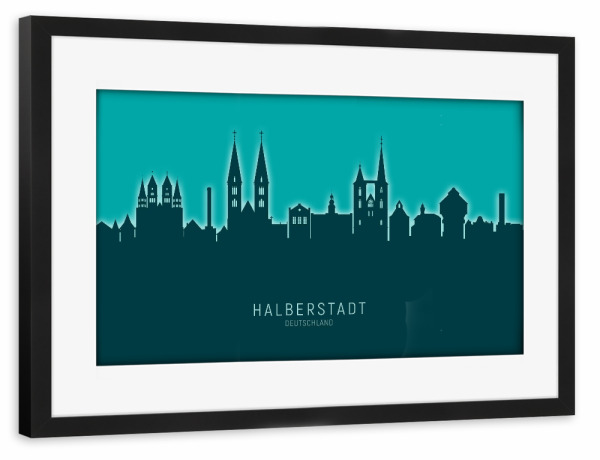 Poster mit Rahmen schwarz "Halberstadt Skyline Glow Teal" artboxONE - Städte