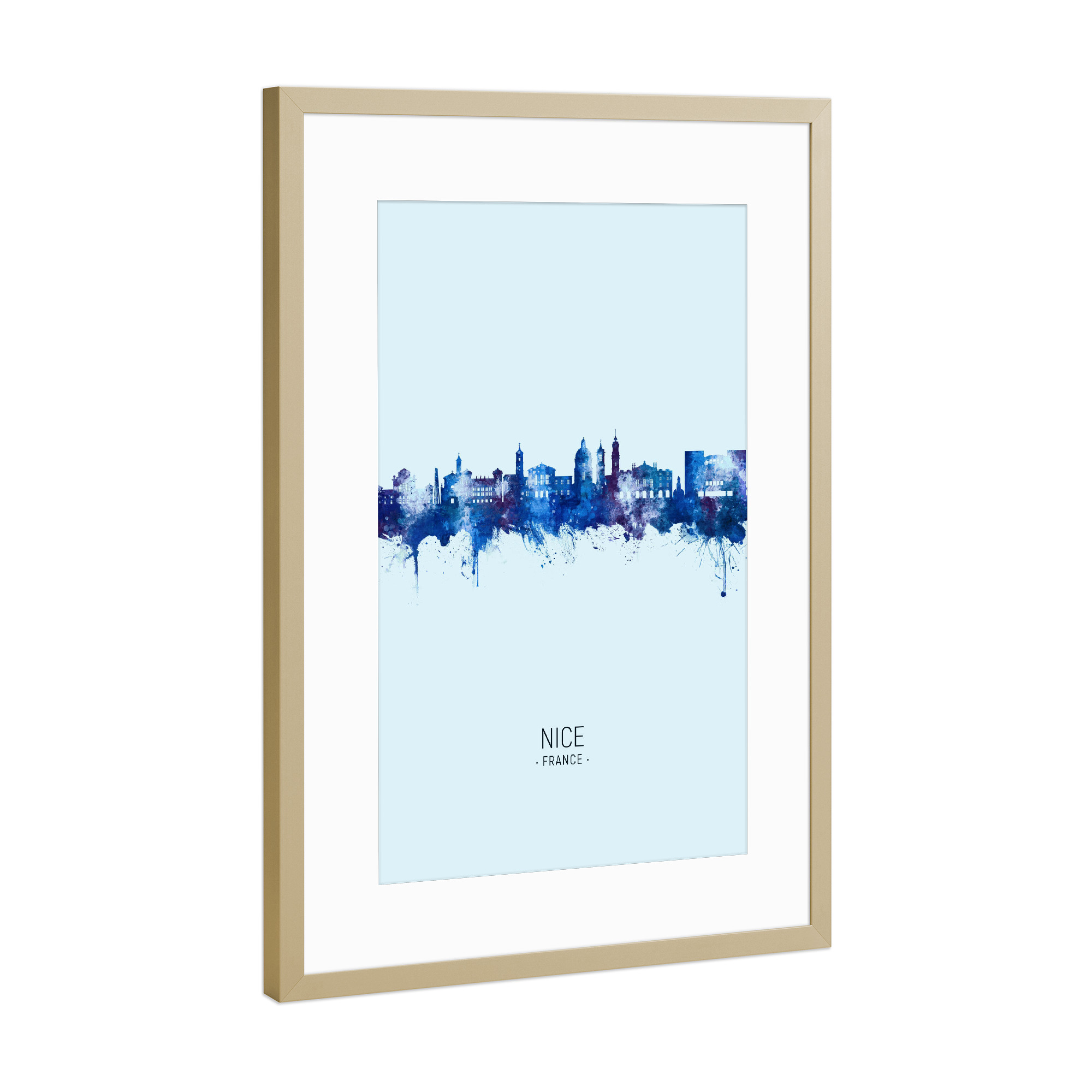 Poster mit Rahmen Gold "Nice France Skyline Dark Blue" artboxONE - Städte - Nice,France,Skyline,Cityscape,Stadtbild,Watercolor,Frankreich,City,Stadt