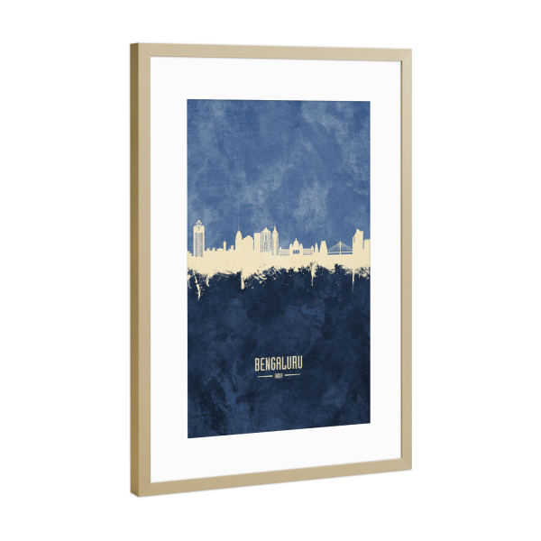 Poster mit Rahmen Gold "Bengaluru Skyline Navy" artboxONE - Städte