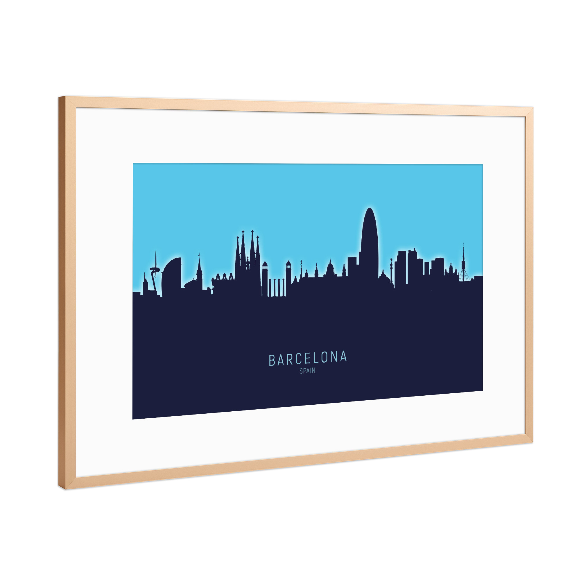 Poster mit Rahmen Kupfer "Barcelona Spain Skyline Glow Blue" artboxONE - Städte,Städte / Barcelona