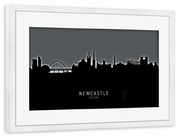 Poster mit Rahmen weiß "Newcastle Skyline Glow White" artboxONE - Städte