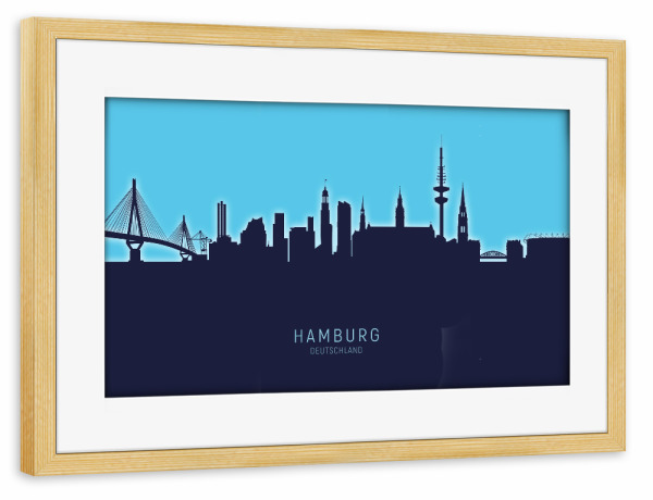 Poster mit Rahmen kiefer "Hamburg Germany Skyline Glow Blue" artboxONE - Städte,Städte / Hamburg