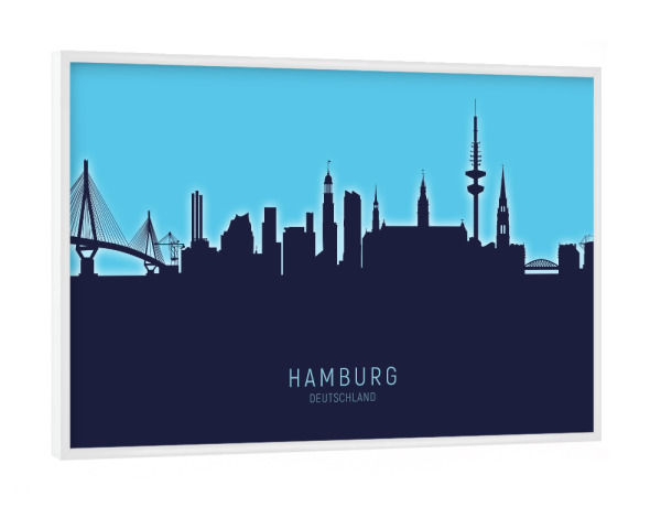 Poster mit weißem Rahmen "Hamburg Germany Skyline Glow Blue" artboxONE - Städte,Städte / Hamburg