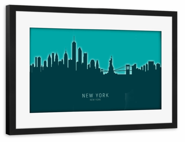 Poster mit Rahmen schwarz "New York Skyline Glow Teal" artboxONE - Städte,Städte / New York