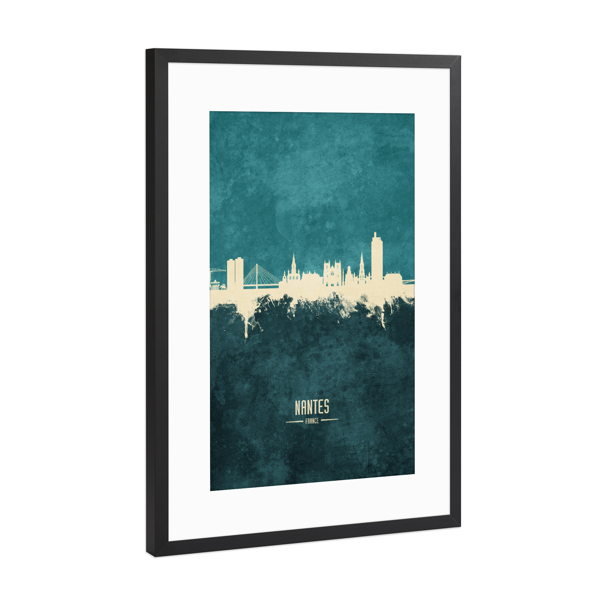 Poster mit Rahmen Schwarz (Metallic) "Nantes France Skyline Turquoise" artboxONE - Städte