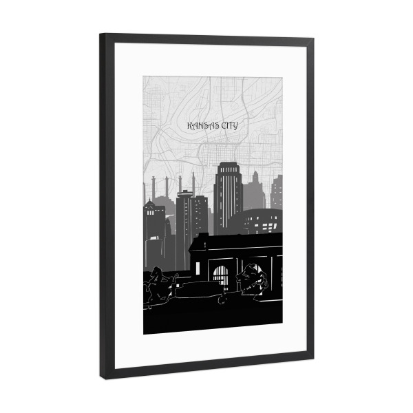 Poster mit Rahmen Schwarz (Metallic) "Kansas city cityscape map" artboxONE - Städte,Reise,Architektur,Kartografie