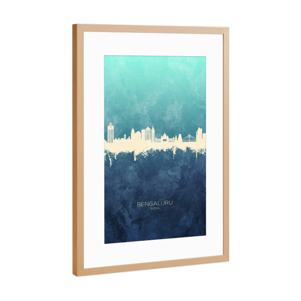 Poster mit Rahmen Kupfer "Bengaluru Skyline NavyCyan" artboxONE - Städte