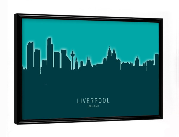Poster mit schwarzem Rahmen "Liverpool Skyline Glow Teal" artboxONE - Städte