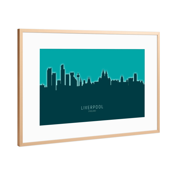 Poster mit Rahmen Kupfer "Liverpool Skyline Glow Teal" artboxONE - Städte