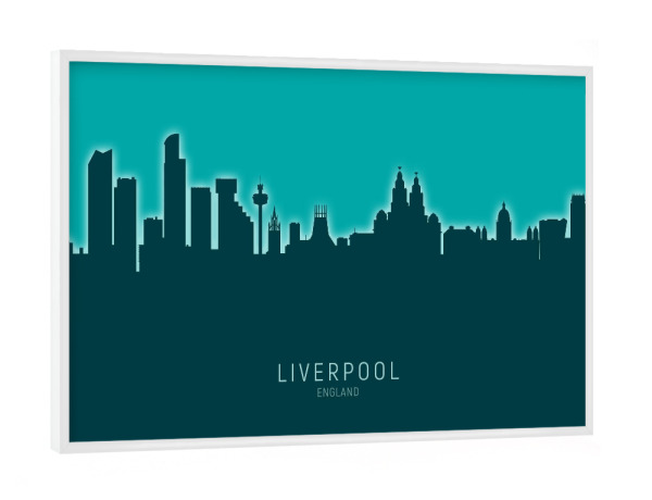 Poster mit weißem Rahmen "Liverpool Skyline Glow Teal" artboxONE - Städte