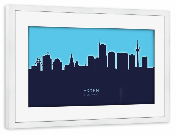 Poster mit Rahmen weiß "Essen Germany Skyline Glow Blue" artboxONE - Städte