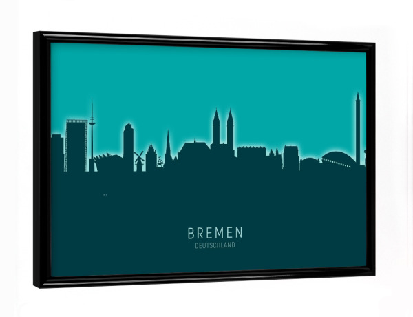 Poster mit schwarzem Rahmen "Bremen Germany Skyline Glow Teal" artboxONE - Städte
