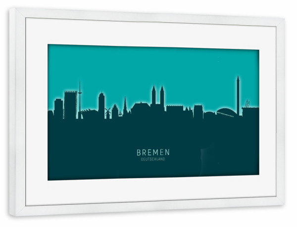 Poster mit Rahmen weiß "Bremen Germany Skyline Glow Teal" artboxONE - Städte