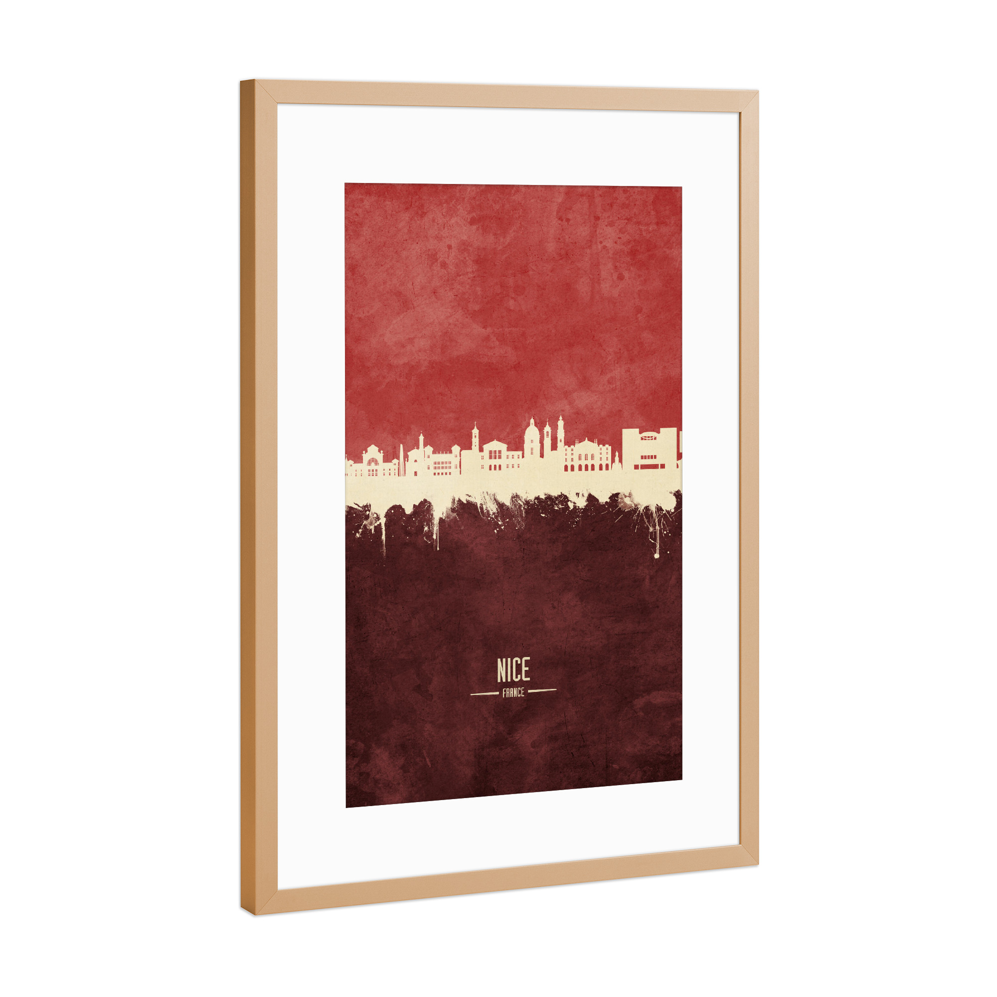 Poster mit Rahmen Kupfer "Nice France Skyline Dark Red" artboxONE - Städte - Nice,France,Skyline,Cityscape,Stadtbild,Watercolor,City,Stadt,Frankreich